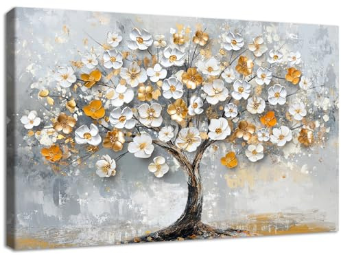 Weiß Gold Blühende Bäume Große Leinwand Bilder Mit Rahmen Grauer Blühender Baum Bild auf Leinwand Malerei Abstraktes Poster Kunstdrucke Wandbilder Zuhause Wohnzimmer Schlafzimmer Wanddekor 120x80cm