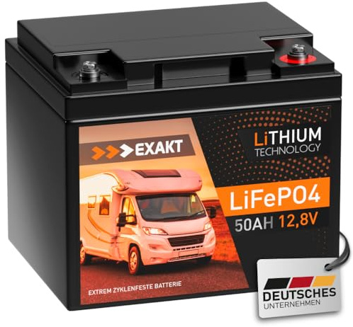 EXAKT LiFePO4 50Ah 12V Akku Lithium Batterie Solarbatterie Wohnmobil Batterie Lithium Eisenphosphat Solar inkl. BMS Bootsbatterie USV