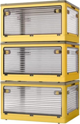 Roqao 3 Pack Aufbewahrungsboxen mit Deckel 50L Kunststoffboxen mit Rollen | Zusammenklappbare Kisten Aufbewahrung Transparent Storage Boxes mit Fünf Türen Stapelkisten Lagerboxen Orange (48×36×85.5cm)