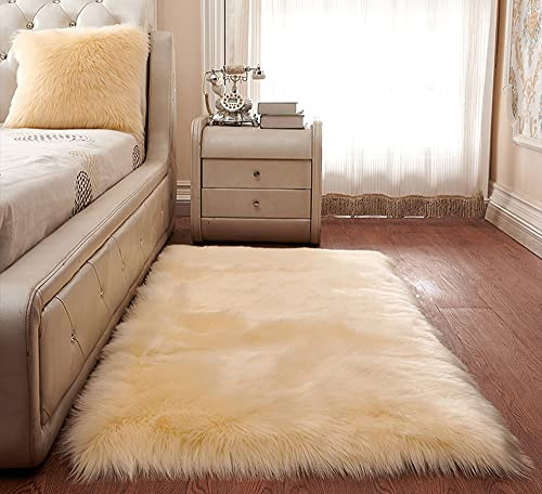 Tapis à poils longs en fausse peau de mouton doux et antidérapant pour salon, chambre à coucher, chambre d'enfant, beige, 60 x 150 cm