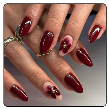 Ruzister 24 fleurs couleur bordeaux avec ornement de diamant, ongles à presser, faux ongles à coller, set de pointes d'ongles