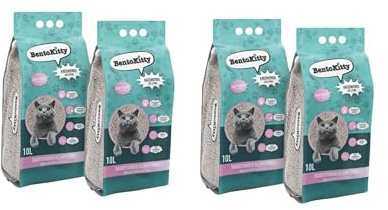 BentoKitty Katzenstreu (40L, 2 x 2er Pack) mit Babypuder Duft, Klumpend, weiß, feinkörnig, Klumpstreu aus Bentonite, für Sensitive Katzenpfoten geeignet