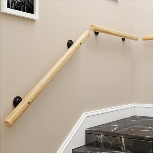 Wooden Handrail for Stairs – Anti-Slip Wall Mounted Safety Stair Railing with Brackets, Adjustable Indoor/Outdoor Banister Rail for Elderly & Children (Wood, 240CM)