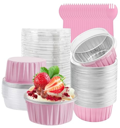 50Pcs Mini Cake Cases with Lids and Spoons, 150ml Reusable Aluminum Square Baking Cups, Aluminum Foil Baking Pans, Small Loaf Cups Tart Pie Cupcake Containers for Bread Dessert (Pink - Round)