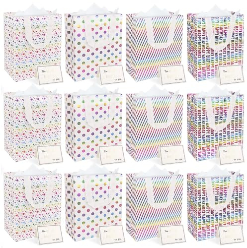 Linkidea Wiederverwendbare Geschenktüten mit Griffen, 25,9 x 20,1 cm, große Geschenktüten, personalisierte Geschenktüten für Geburtstag, Party, Hochzeit, Shopping, Rückgabe, 12 Stück (mehrfarbig)