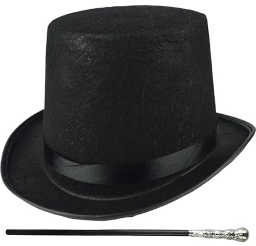 Costume de sombrero de copa 2pcs/set Halloween Top Sombrá con bastón negro, accesorio de disfraces para hombres fantasía para mujeres, cosplay de mago, eventos steampunk y atuendos de fiesta |.Bastón
