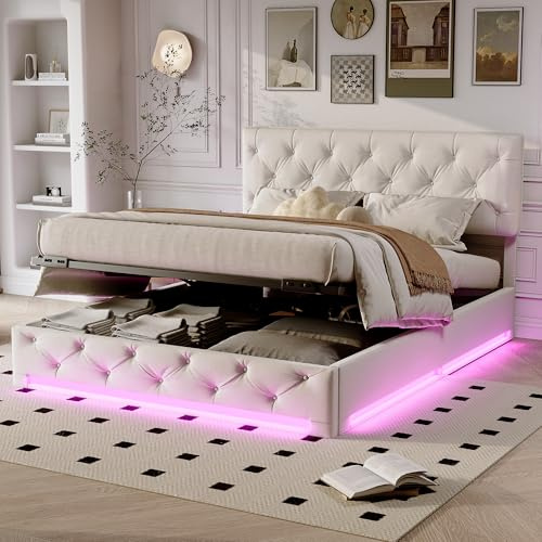 TITA-DONG Polsterbett 160x200cm mit Stauraum und bettkasten, LED Doppelbett mit Großer Stauraum und höhenverstellbar Kopfteil, Jugendbett Stauraumbett, Ohne Matratze, Beige