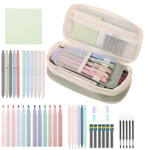 Ästhetisches Federmäppchen, glattes Schreibset, Textmarker, schwarze Gelstifte, großes Federmäppchen, Schreibwaren-Set, für Studenten, Lehrer, Frauen, Teenager, Mittelhochschule, Büro, Klassenzimmer