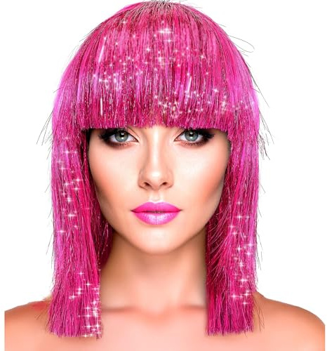 W WIDMANN MILANO Party Fashion - Bob Perücke mit Pony | Für Erwachsene, mit Glitzer-Effekt für Karneval, Mottoparty, Festivals und Disco-Looks