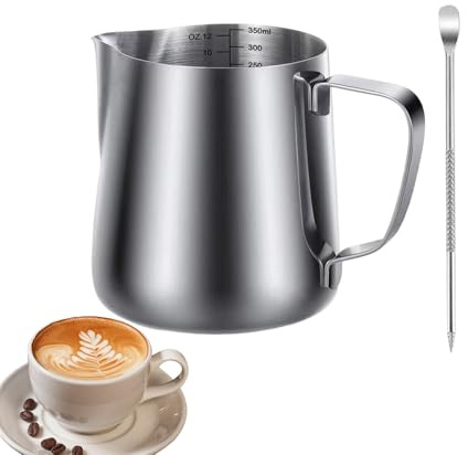 Xijobido Pichet À Mousseur De Lait, Pitchers à Lait en Acier Inoxydable avec Stylo de Décoration, 350ml Accessoire Café Pour Latte Art Cappuccino, Pour Établissements & Maison