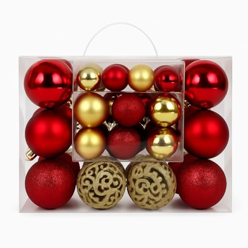 50pcs Christmas Baubles, 6cm Shatterproof Christmas Tree Balls Ornaments, Xmas Hanging Decorations for Holiday Tree & Home Décor (RED & GOLD-VARIETY PACK)