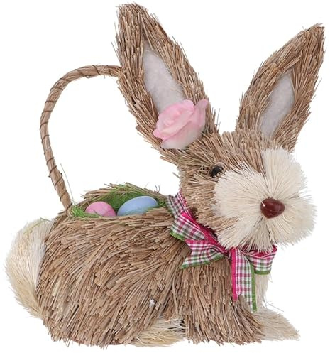 VICASKY Straw Bunny Ornament : Woven Rabbit Easter Decor with Basket - Natural Cornhusk Figurine for Spring Party Garden Table Decoration & Home Mantel Adornment