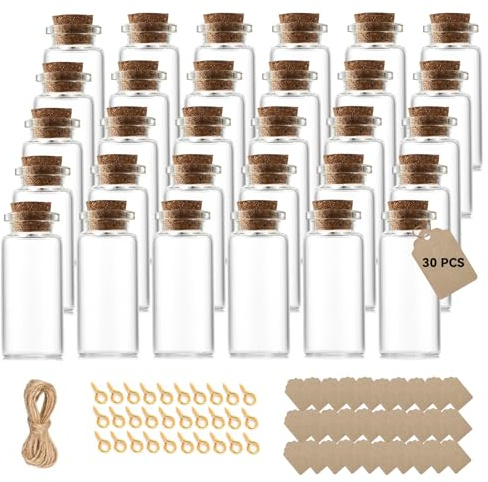Vexnaro 30 Stück Mini Glasflaschen, Dekorationen, 10 ml Kleine Fläschchen zum Befüllen mit Korken, Gastgeschenke, Gewürzgläser, Aufbewahrung von Ölen, Kräutern und Tees für Hochzeit