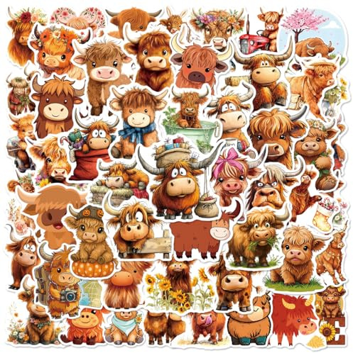 50 Pcs Highland Cattle Stickers Laptop Car Scrapbook Phone Skateboard Suitcase Luggage Bike Highland Cow Vinyl Waterproof Aesthetic Personalised Stickers for Adults