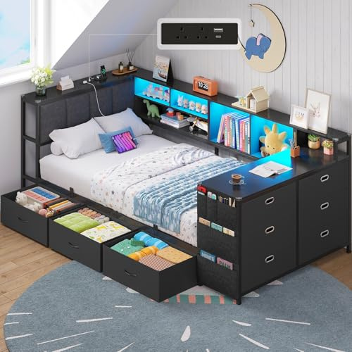 Brinlawb Single Bed Frame with Charging Station (2 AC Sockets, 2 USB Ports) and LED Lights, Single Bed with Storage, 9 Drawers & Desk, Upholstered Headboard, Reversible Left/Right Hand Assembly, Black