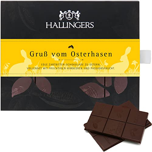 Hallingers Ostergeschenke für Osterkörbchen zu Ostern, Vegane Schokolade Zartbitter Himbeere & Maracuja - Made in Germany