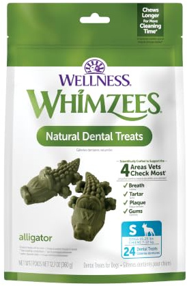 Whimzees Wellness Alligator Dog Dental Treat, Chews, Freshens Breath, Small Size, 12.7 oz Bag, 24 Count