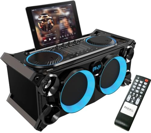 Ibiza - SPLBOX200-BK - 120W All-in-One batteriebetriebenes tragbares Soundsystem mit LEDs an den Lautsprechern - Bluetooth, USB, SD, FM und LINE-IN - Schwarz