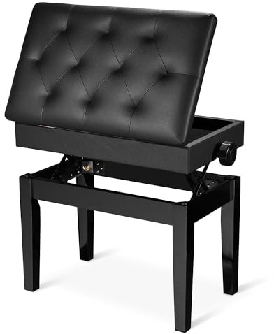 AW Adjustable Piano Bench with Storage Black Wooden Keyboard Stool Seat Leather Cushion Paino Chair for Piano Shop Music School Studio Capacity 400lbs