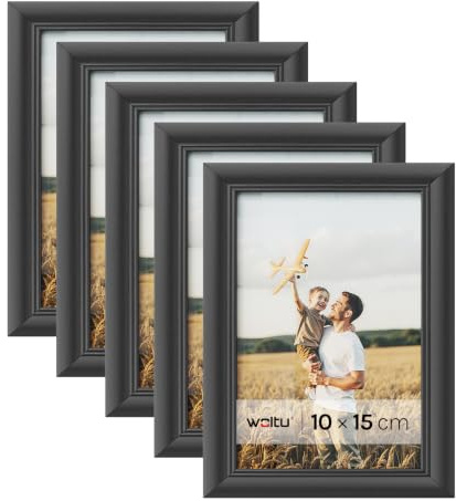 WOLTU Bilderrahmen 10x15, 3er set, Massivholz Fotorahmen mit Passepartout | Schwarz, Front aus PS-Platte, Posterrahmen zum vertikalen oder horizontalen Aufhängen und Aufstellen, Collage Wanddeko