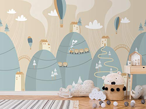 Tapete für Kinder, Landschaft, Stadt in Bergen | Wandbild | Kindertapete | 600 x 300 cm | Dekoration für Esszimmer, Wohnzimmer, Schlafzimmer
