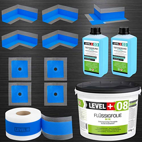 Dicht Set 14 Kg Flüssigfolie, 4 Innenecken, 1 Außenecke, 4 Wandmanschetten, 15m Dichtband, Tiefengrund 2 L, Bandset Dusche Bad SET325