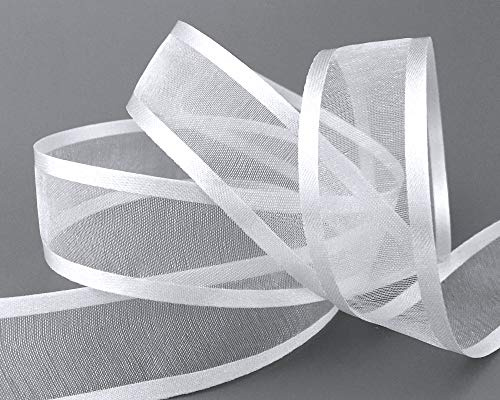 finemark 25 m x 25 mm Chiffonband mit Satin Kante Weiss (01) Chiffon Dekoband Schleifenband Geschenkband Halbtransparent Glänzend ohne Draht Organza