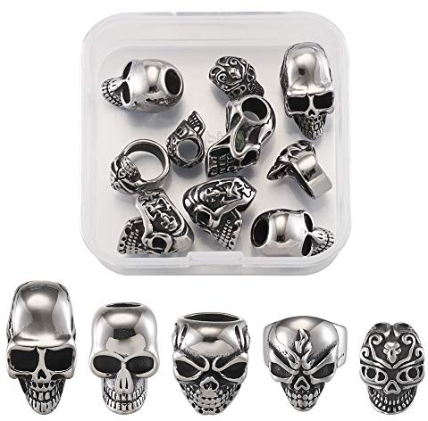 PandaHall 10 Stück 5 Stile große Löcher Totenkopf Perlen Edelstahl Europäische Schädel Skelett Spacer lose Perlen für Halloween Schmuckherstellung