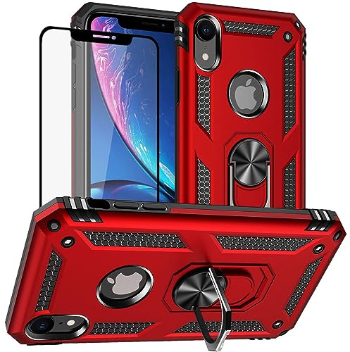 Yiakeng Funda iPhone XR, iPhone XR New Edition Carcasa, con Protector Pantalla Cristal Templado, Silicona Armor Case con Kickstand para iPhone XR Funda (Rojo)