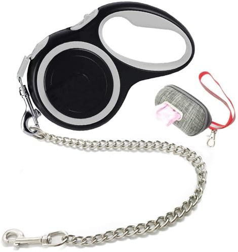 Etechydra Guinzaglio retrattile – grigio, 5 m, resistente nylon nastro guinzaglio per cani con catena in acciaio per cani di taglia media e grande