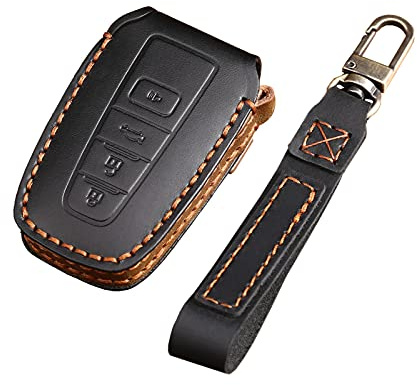 Key Fob Cover Fit for Toyota with Keychain, Pure Leather Handmade Key Fob Cover Case Suit for Toyota Camry Highlander RAV4 Avalon (4 Buttons only for Keyless go) Black
