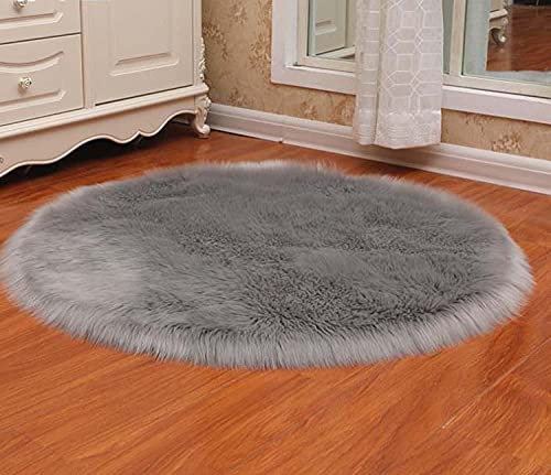 Rund Faux Lammfell Schaffell Teppich Super weich Modern Fellteppich Deko Fell Teppiche für Kinderzimmer Wohnzimmer Stuhl Couch rutschfest (Grau,100x100cm)