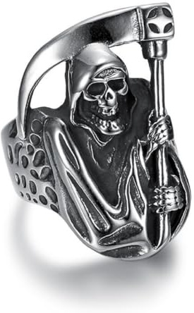Skull Ring, Gothic Skull Sickle Ring for Men, Norse Viking Skull Head Ring Halloween Skull Jewelry, Stainless Steel Skull Sickle Skeleton Ring Hip Hop Skull Band Ring Punk Skull Ring for Boys