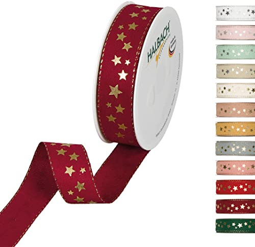 Halbach Weihnachtsband mit Sternen, 25 mm x 18 m, rubinrot/gold | Waschbares Schleifenband in Baumwolloptik, Made in Germany, zum Verpacken und Dekorieren von Weihnachtsgeschenken