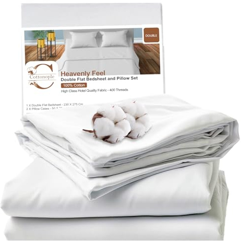 Cottonople - Juego de sábanas de satén de calidad de hotel de 3 piezas para cama doble (230 x 275 cm), sábana blanca de 400 hilos con 2 fundas de almohada (50 x 75), sábanas encimeras 100% algodón
