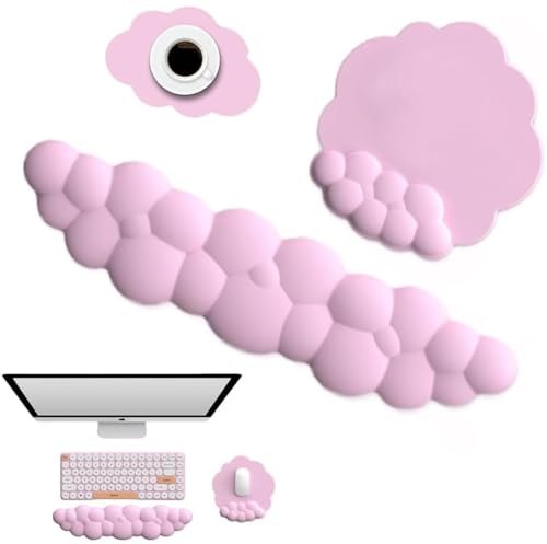 Delmkin Wolken Mauspad mit Handgelenkauflage Set Ergonomisch Mousepad Handgelenkstütze Tastatur Handballenauflage mit Untersetzer für Gaming Büro (Rosa)