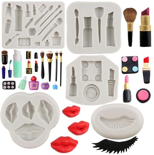 MYPRACS Moldes de silicona con temática de maquillaje para el día de San Valentín, moldes para fondant, pintalabios, perfume, pestañas, cepillo para caramelos, chocolate, pasteles, decoración de