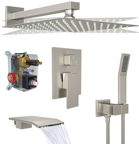 Rain Shower System High Pressure Shower Head 12 inch with Tub Spout,Wall Mounted Waterfall Bathroom Shower Faucet Sets Complete with Handheld Spray,Shower Valve and Trim kit,Brushed Nickel