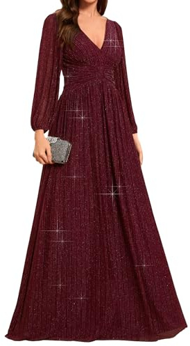 Ever-Pretty Kleid Elegant Damen Festlich Lang Langarm Ballkleid Maxi Hell Abendkleider Elegant für Hochzeit A Line Burgund 44