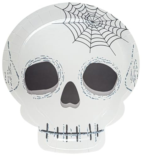 HNH Lot de 20 Halloween Assiettes papier jetables Forme de crâne Assiettes en carton Vaisselle jetable de fête