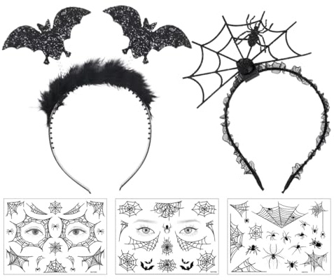 Aurasky Fledermaus Haarreif, Spinnennetz Haarreif, Temporäre Tattoos, Halloween Kopfschmuck, Halloween Kostüm Accessoires, Haarschmuck für Karneval Maskerade Fasching Cosplay Dress-up