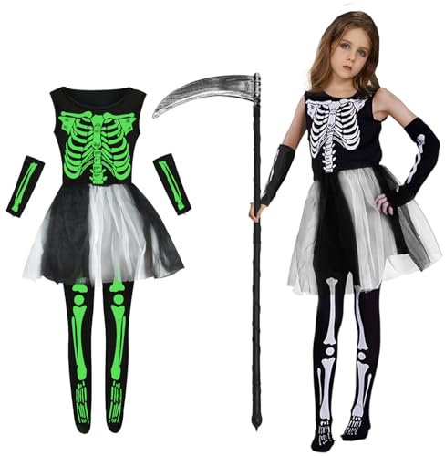 KYOEOE Costume da scheletro ragazza bagliore nel buio con falce, Halloween mietitore triste costume bambini mietitore costume per Halloween carnevale vestire festa