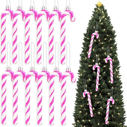 Axinyijia 12 Pezzi Bastoncini di Zucchero Natalizi Addobbi Albero di Natale, Ciondolo per Addobbi di Natale con Decorazioni Bastoncino di Zucchero (rosa rossa)