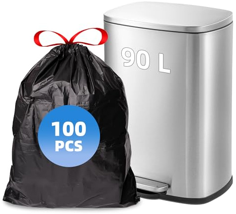 Tarunmo Müllsäcke 90l Extra Stark Mülltüten Schwerlast - 90 Liter Müllbeutel mit Drawstring (100 Stück)