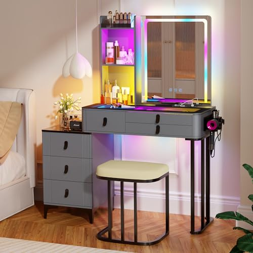 yoofun LED Dressing Table With Mirror And Stool, Smart Makeup Desk with Charging Station, Modern Glass Top Vanity Table Set with 6 Drawers for Bedroom Ajustable light (Gray)