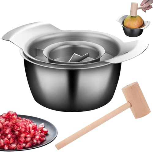 Granatapfelschäler, 2024 verbesserter Granatapfel-Entsafter aus Edelstahl mit Schüssel und Holzhammer, Granatapfel-Sämaschine, Granatapfel-Arils-Entfernungswerkzeug, rutschfester