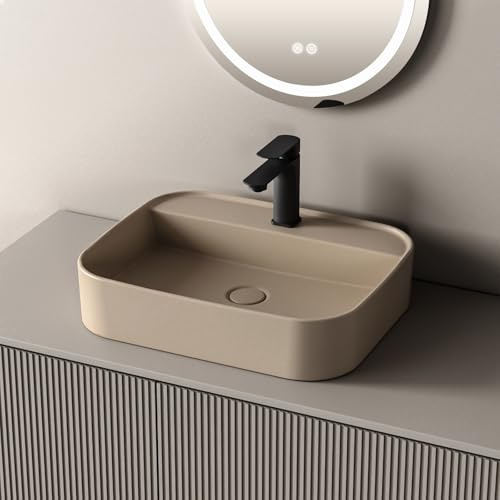 EMKE Lavabo da appoggio 60x40x11 cm, Lavabo in ceramica per bagno, Beige opaco, design moderno e minimalista, ideale per bagno e WC