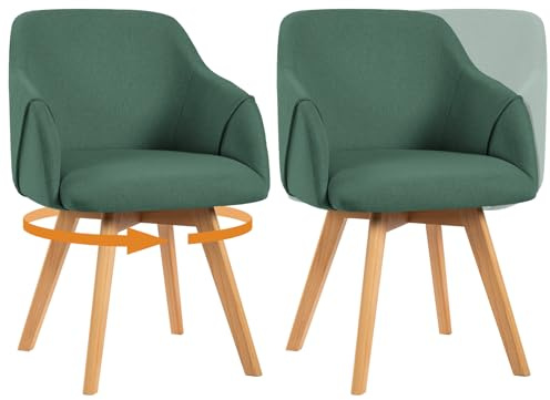Bekrvio Set of 2 Swivel Dining Chairs with Arms – Upholstered in Breathable Linen, Wide Padded Seat with Beech Wood Legs, 360° Rotating Accent Armchair for Kitchen, Dining Room, Living Room