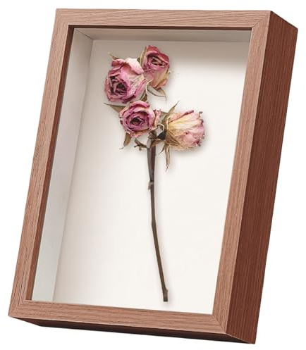 Marco de Fotos Cuadrado Marcos de Fotos - Caja de Sombra para Manualidades 3D de Madera con Soporte de Pie y Colgante para Medallas y Flores (Nogal432, Profundidad 3cm)