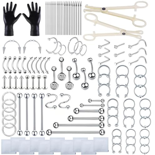 HOINCO 124PCS Body Piercing Kit, per il Naso del Pulsante del Ventre Della lingua del Corpo Tutto il Corpo Piercing Tools Kit con 12G 14G 16G 18G 20G Aghi Piercing.